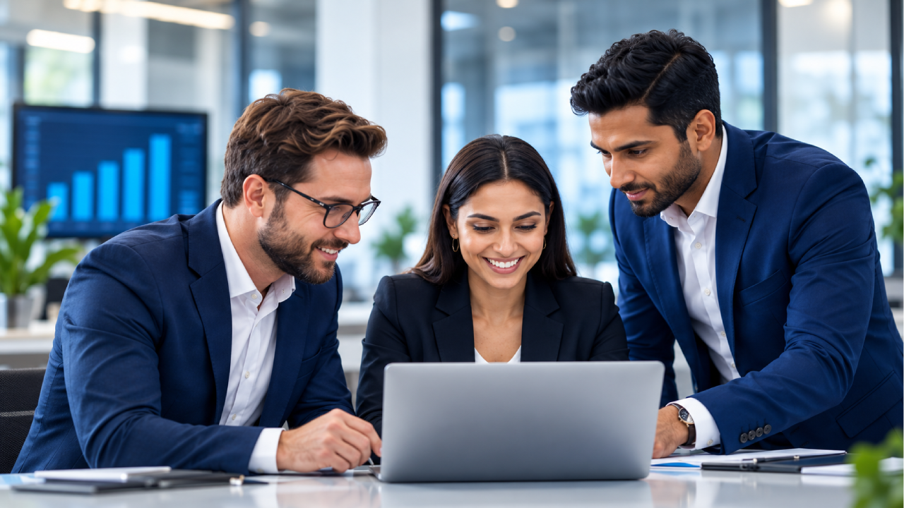 Business professionals collaborating around a laptop